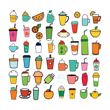 Kahve, çay, kokteyl ve daha fazlasının yer aldığı ayrıntılı bir el yapımı içecek ikonları. Menüler, markalaşma, ambalaj ve temiz beyaz arkaplan ile dijital tasarım projeleri için mükemmel.