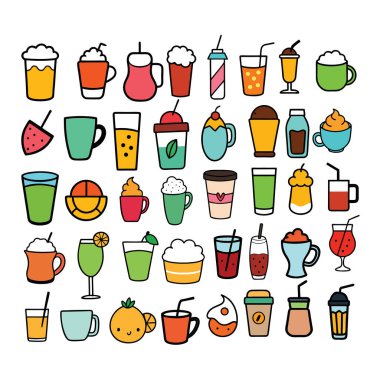 Kahve, çay, kokteyl ve daha fazlasının yer aldığı ayrıntılı bir el yapımı içecek ikonları. Menüler, markalaşma, ambalaj ve temiz beyaz arkaplan ile dijital tasarım projeleri için mükemmel.