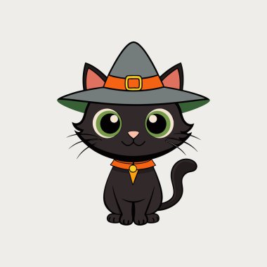 Cadı şapkalı sevimli cadılar bayramı kara kedisi mevsimlik tasarımlar, parti dekorları, el işleri ve dijital projeler için mükemmel. Ürkütücü temalı büyüleyici bir sanat eseri. Ekim kutlamaları için ideal..