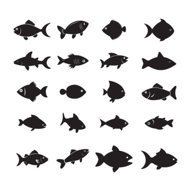 Zarif balık silueti, birden fazla deniz türünün temiz siyah bir stile sahip olduğu bir set. Balık logoları, denizcilik sanatı, DIY el sanatları ve okyanus temalı tasarım projeleri için mükemmel..