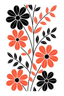 Zarif çiçekleri ve detaylı taç yaprakları olan şık bir turuncu ve siyah çiçek arkaplanı. Dijital sanat, tekstil baskıları, duvar kağıtları, davetiyeler ve modern tasarım projeleri için mükemmel..