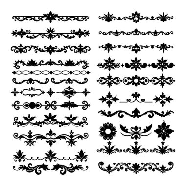 Zarif çerçeveler, güzellikler ve şablonlar içeren bir siluet sınır süsleri koleksiyonu. Davetiyeler, logolar, dijital sanat ve yaratıcı tasarım projeleri için mükemmel..