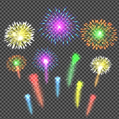 set of colorful fireworks on a black background
