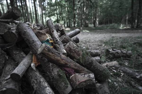 Грустное Изображение Пугалом Брошенным Лесу Похороненным Грудой Бревен Теневом Зловещем — стоковое фото