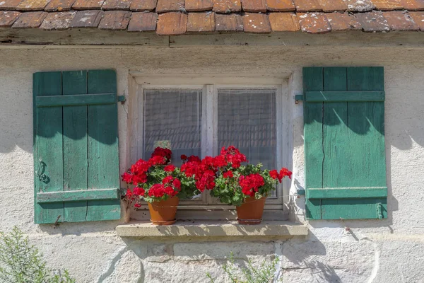 晴れた日に 古いドイツの家のエクステリア緑の木製シャッターに囲まれて その土台に赤いゼラニウム花を持つヴィンテージのウィンドウ — ストック写真