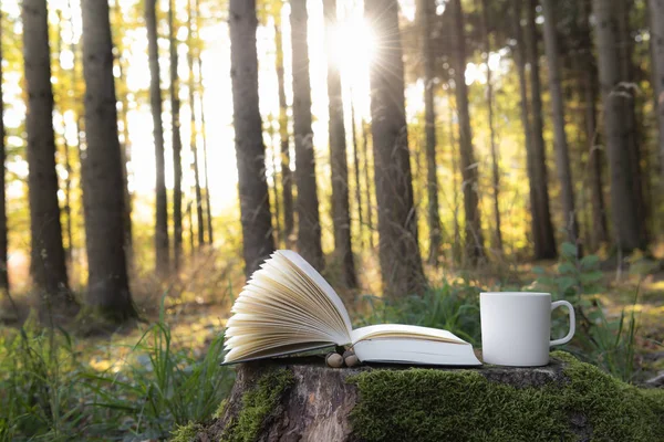 Lendo Imagem Tema Livre Com Livro Aberto Uma Xícara Café — Fotografia de Stock