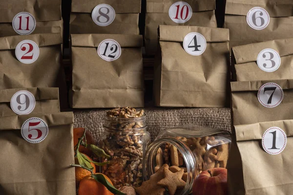 Handmade Advent Calendar Many Classic Brown Paper Bags Numbers Them — Stock Photo, Image