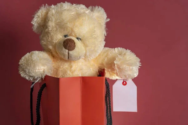最后是一个泰迪熊玩具 它的手臂上有一个空白的销售标签 塞在一个购物纸袋里 上面有一个红色的背景 — 图库照片