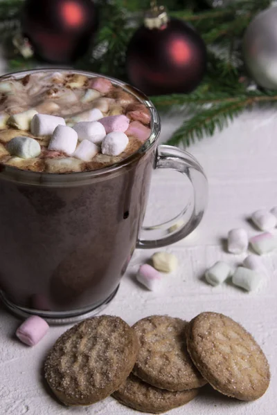 Christmassy Hot Drink Milk Chocolate Marshmallow Glass Mug Biscuits Mini — Stock Photo, Image