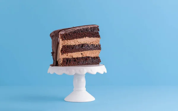 Rebanada de pastel de chocolate en capas en soporte de postre blanco —  Fotos de Stock