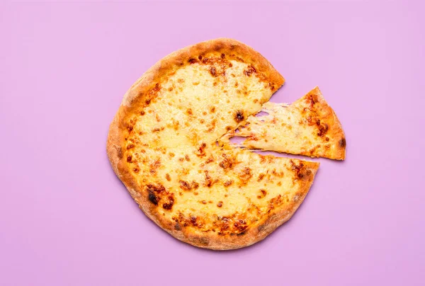 Homemade regular cheese pizza with one slice cut, isolated on a purple seamless background. Flat lay of hot extra cheese pizza with melted mozzarella.