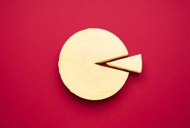 Tek dilimlenmiş, dikişsiz kırmızı arka planda izole edilmiş klasik cheesecake. Kremalı peynirli tartla yatıyordu. Ev yapımı Noel tatlısı..