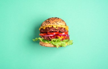 Çift köfteli, peynirli ev yapımı burger ve yeşil naneli salata. Tek hamburger yan görünümü