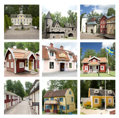 Astrid Lindgren dünya, Astrid Lindgrens Varld görünümlerini kolaj Astrid Lindgren yerel şehirde Vimmerby İsveç'te bir tema parkı olduğunu. 17 Ağustos 2018 Kouvola, Finlandiya