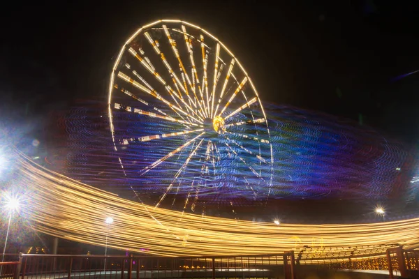 Ferris Wheel Motion Amusement Park Night Illumination Long Exposure Stock Photo