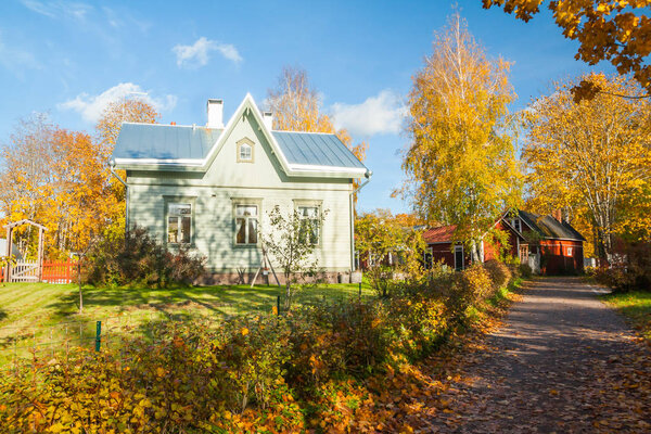KOUVOLA, FINLAND - OCTOBER 10, 2018: Beautiful autumn in old rustic museum district of Kouvola - Kaunisnurmi.