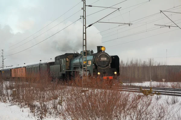 Kouvola Finlândia Dezembro 2018 Comboio Vapor Ukko Pekka Que Vai — Fotografia de Stock
