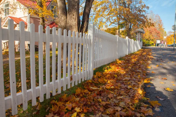 美丽多彩的秋天场面与白色栅栏和秋天颜色在芬兰 — 图库照片