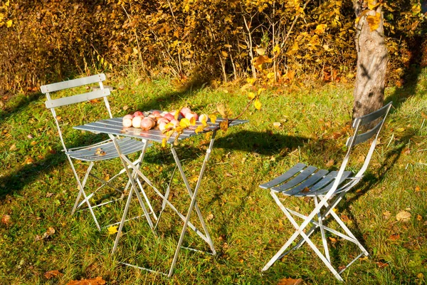 Alte Gartenstühle Und Tisch Mit Äpfeln Herbst — Stockfoto