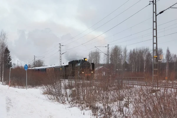Velho Trem Vapor Retro Manhã Inverno Finlândia — Fotografia de Stock