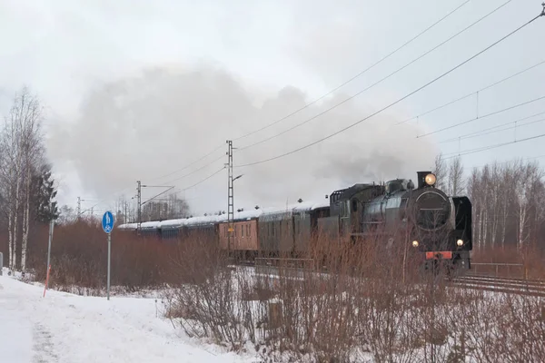 Alter Retro Dampfzug Wintermorgen Finnland — Stockfoto