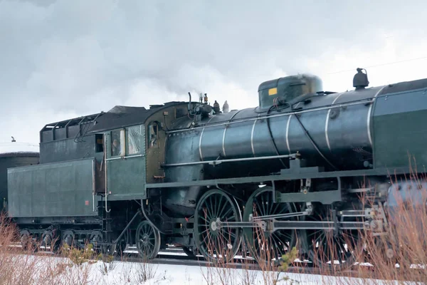 Velho Trem Vapor Retro Manhã Inverno Finlândia — Fotografia de Stock