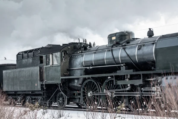 Antiguo Tren Vapor Retro Mañana Invierno Finlandia — Foto de Stock