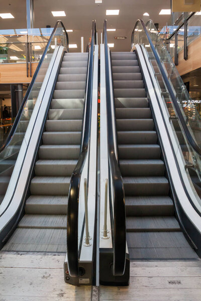 KOTKA, FINLAND - SEPTEMBER 27, 2018: Escalator in the Shopping Center Pasaati. Town is located in The Kymenlaakso Region of Finland.