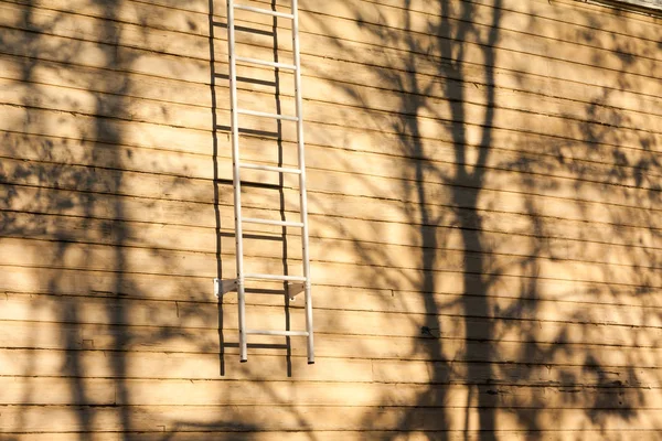 Parede Madeira Uma Casa Campo Com Escadas Sombras Brilhantes Árvores — Fotografia de Stock