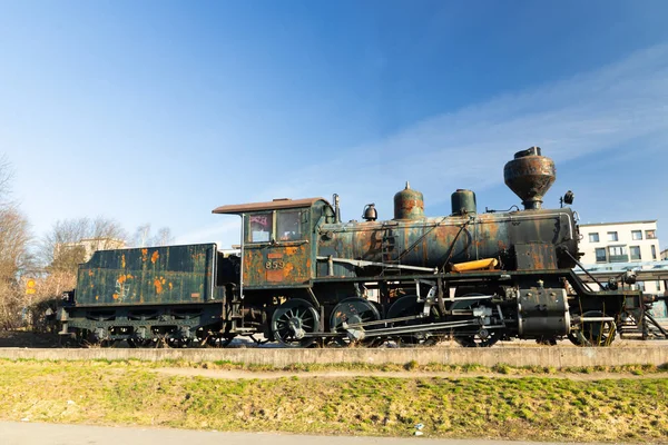 Kouvola, Finland - April 18, 2019: Old steam locomotive as an exhibit at the Kouvola railway station in Finland. — Stock Photo, Image