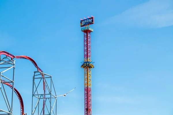 Tampere, Finland - 24 June 2019: Seagull and Rides Boom and Roller Coaster in amusement park Sarkanniemi. — Stock Photo, Image