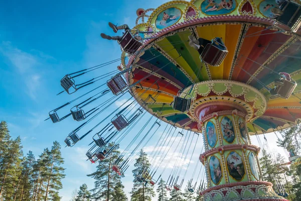 Kouvola, Finland - 10 August 2019: Ride Swing Carousel in motion in the amusement park Tykkimaki . — стоковое фото