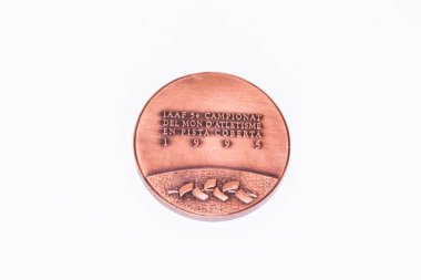 Kouvola Finlandiya - 26 Mart 2017: Barcelona 1995 Dünya Atletizm Şampiyonası'na katılım madalyası.