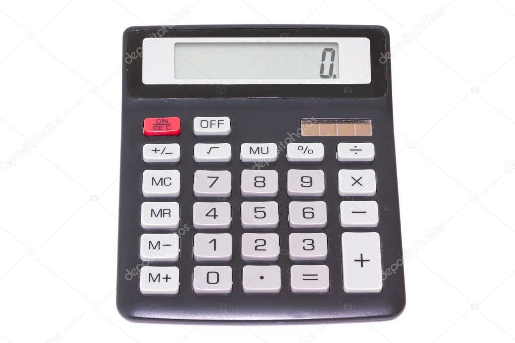 Black calculator isolated on white background, top view