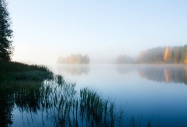 Güzel sonbahar sabahı peyzaj Kymijoki Nehri suları sisin içinde. Finlandiya, Kymenlaakso, Kouvola.