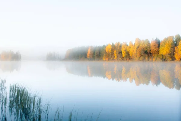 Hermoso paisaje matutino otoñal de aguas del río Kymijoki en niebla. Finlandia, Kymenlaakso, Kouvola . — Foto de Stock