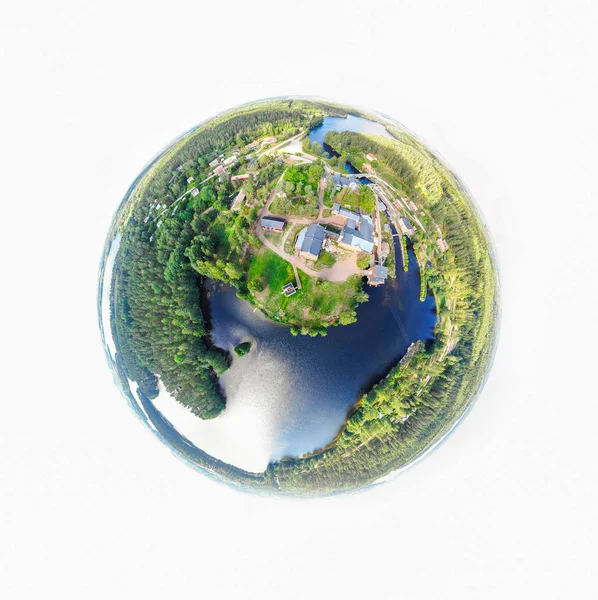 A three dimensional panoramic view of the Verla in Kouvola, Finland in a mini planet panorama style. — Stock Photo, Image
