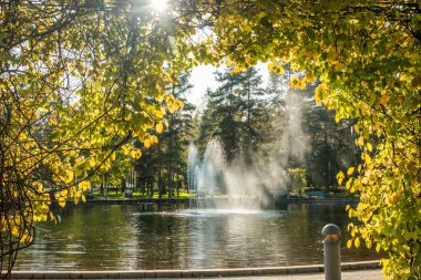 Bir gölet ve bir çeşme ile şehir merkezinde bir park, Kouvola, Finlandiya