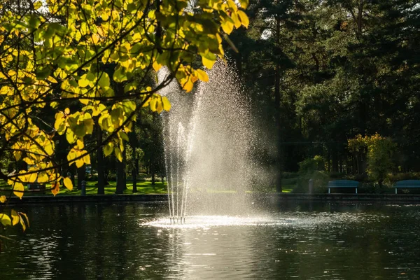 Un parque en el centro de la ciudad con un estanque y una fuente, Kouvola, Finlandia — Foto de Stock
