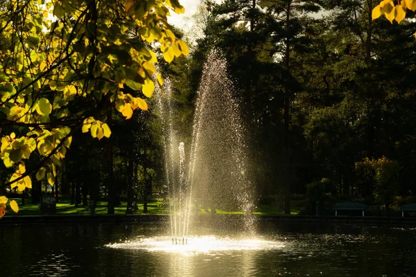 Ένα πάρκο στο κέντρο της πόλης με μια λίμνη και ένα σιντριβάνι, Kouvola, Φινλανδία — Φωτογραφία Αρχείου