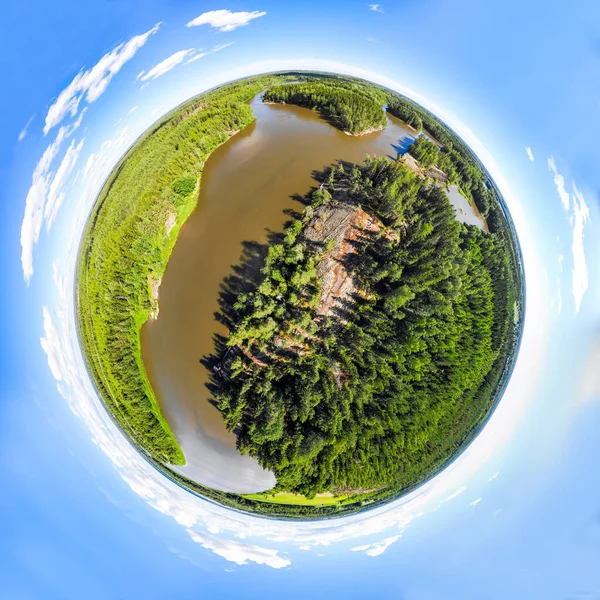 A three dimensional panoramic view of of rapid Ahvionkoski at Kymijoki river, Finland, in a mini planet panorama style.