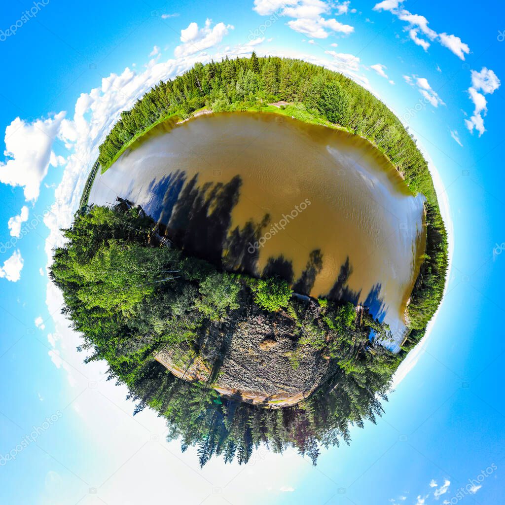 A three dimensional panoramic view of of rapid Ahvionkoski at Kymijoki river, Finland, in a mini planet panorama style.