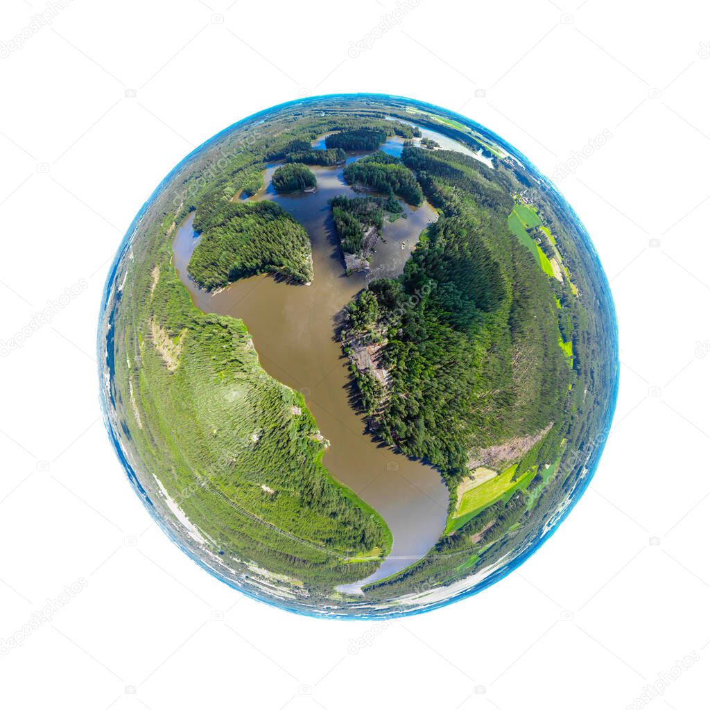 A three dimensional panoramic view of of rapid Ahvionkoski at Kymijoki river, Finland, in a mini planet panorama style.
