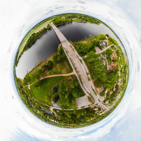 A three dimensional aerial panoramic view of city Inkeroinen at river Kymijoki, Finland.