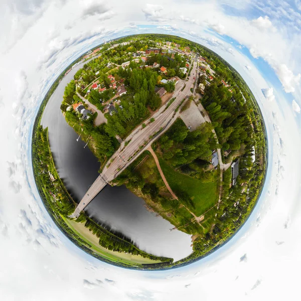 A three dimensional aerial panoramic view of city Inkeroinen at river Kymijoki, Finland.