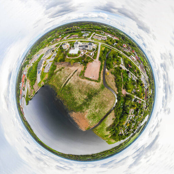 A three dimensional aerial panoramic view of city Inkeroinen at river Kymijoki, Finland.