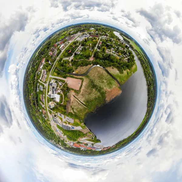 A three dimensional aerial panoramic view of city Inkeroinen at river Kymijoki, Finland.