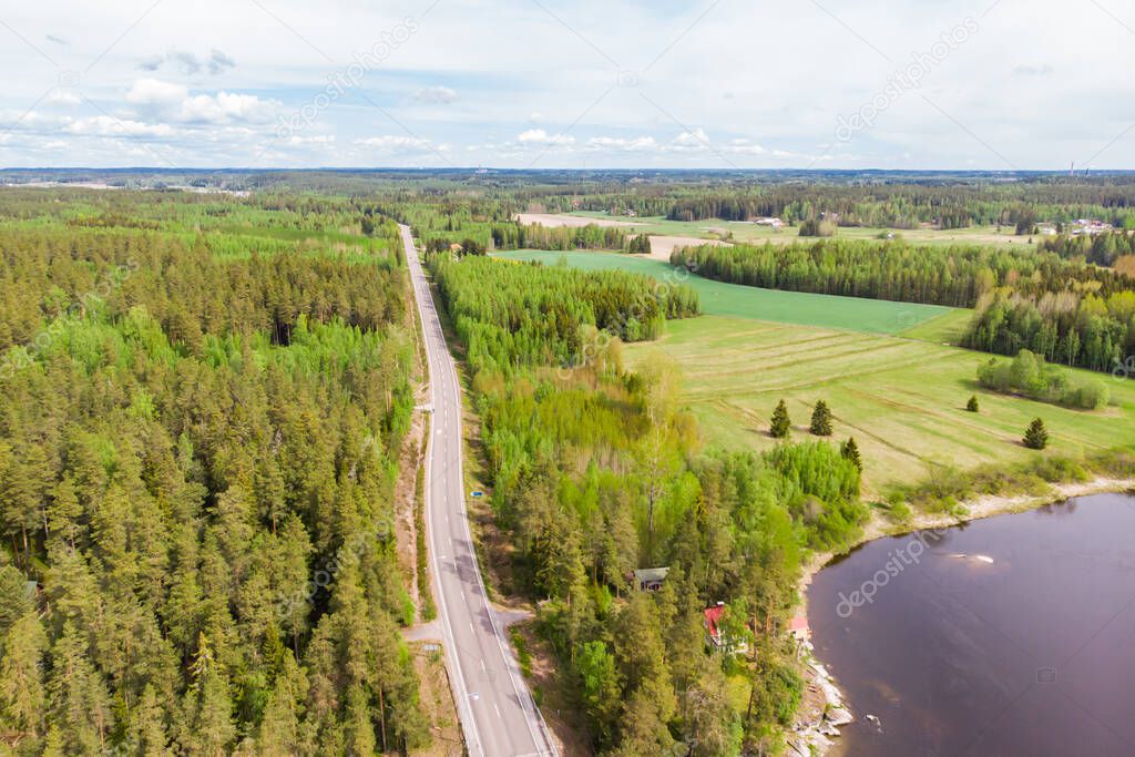 Aerial panoramic view of road in Kouvola near the river Kymijoki, Finland.
