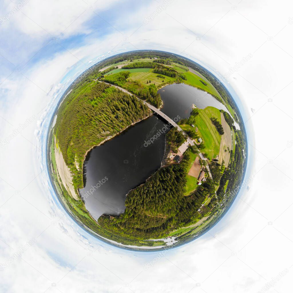 A three dimensional aerial panoramic view of rapid Susikoski at river Kymijoki, Finland, in a mini planet panorama style.