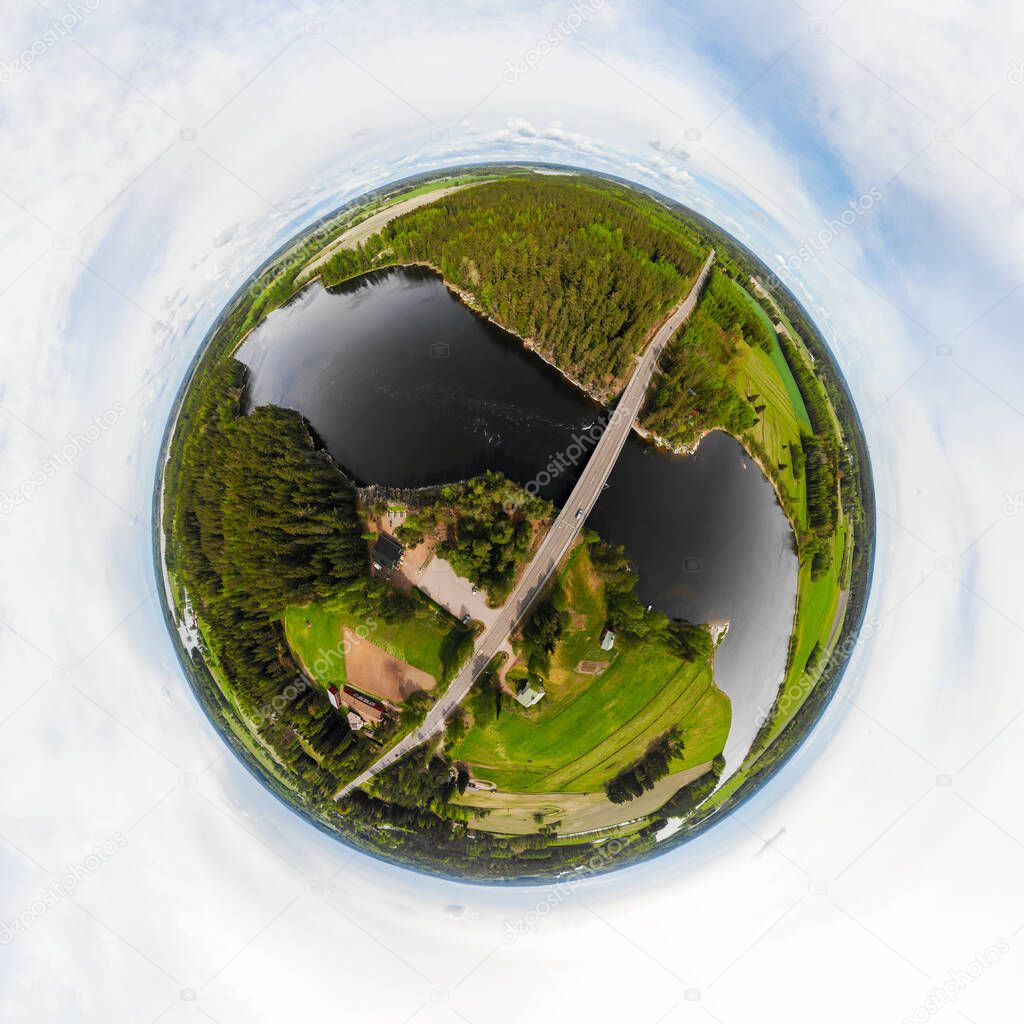 A three dimensional aerial panoramic view of rapid Susikoski at river Kymijoki, Finland, in a mini planet panorama style.